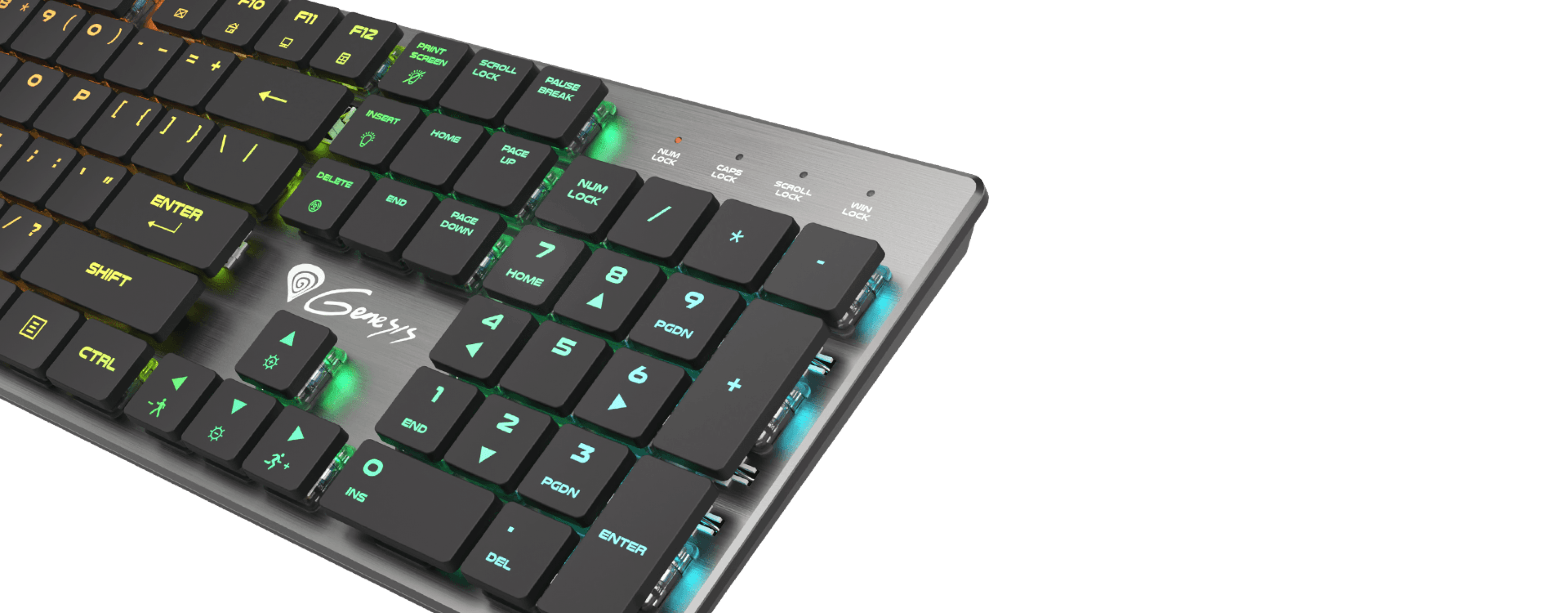 Smukła klawiatura do gier RGB z mechanicznymi niebieskimi przełącznikami, wyposażona w konfigurowalne podświetlenie i elegancki wygląd