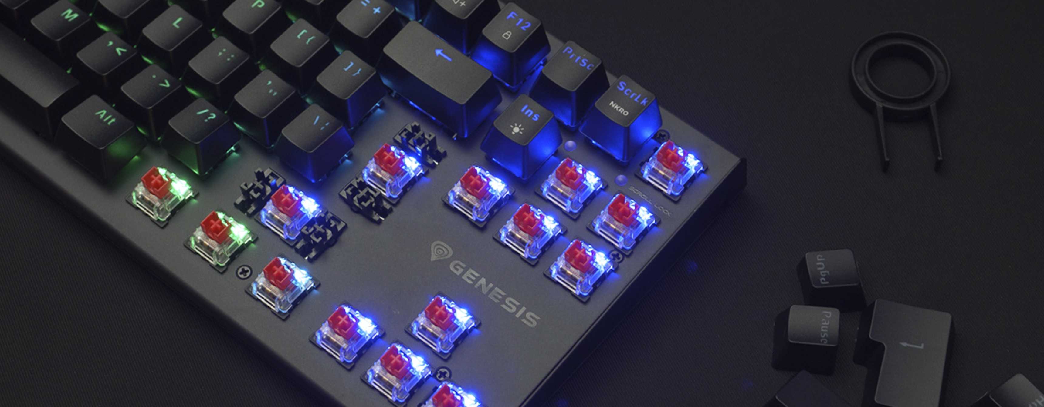 Podświetlana RGB klawiatura mechaniczna Genesis Thor 303 TKL US z czerwonymi przełącznikami, wyposażona w klawisze z możliwością wymiany podczas pracy i dodatkowe nakładki na klawisze