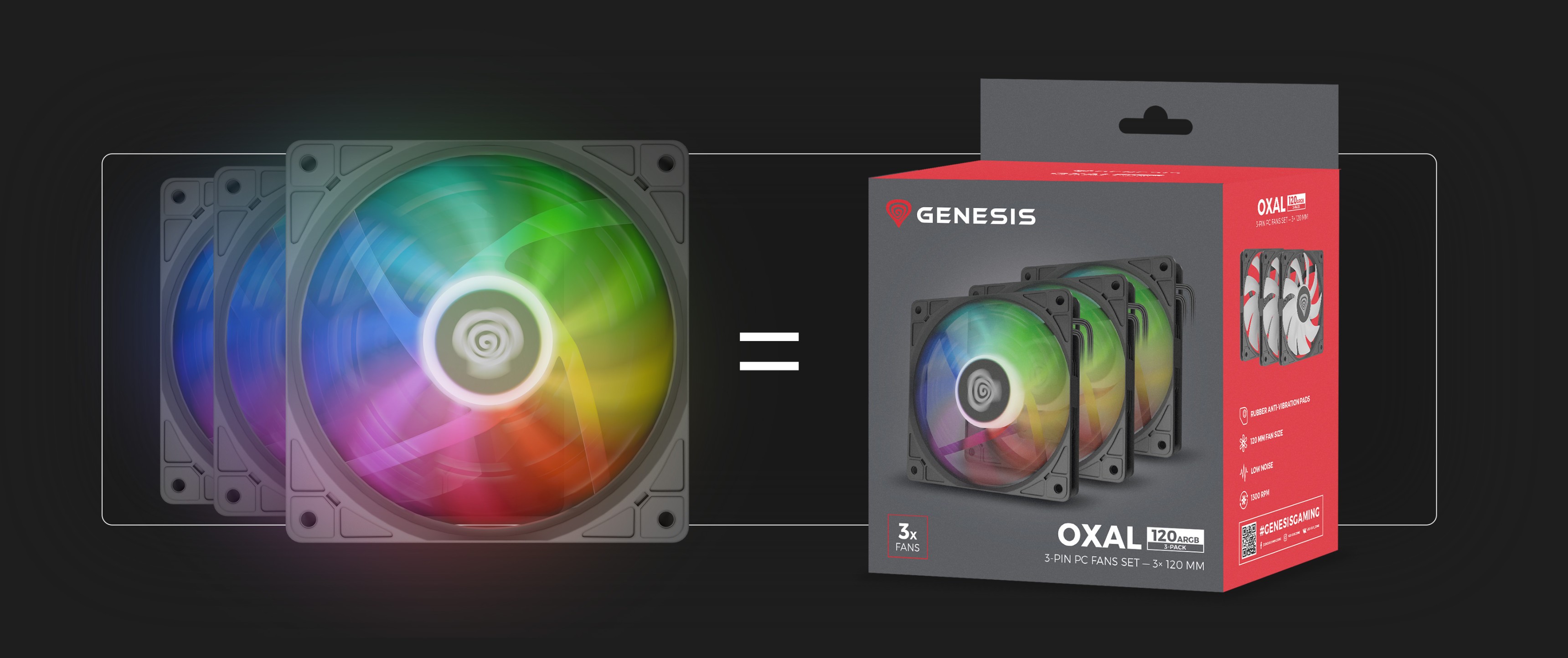 Trzy czarne wentylatory Genesis Oxal 120 ARGB z żywymi efektami świetlnymi obok opakowania