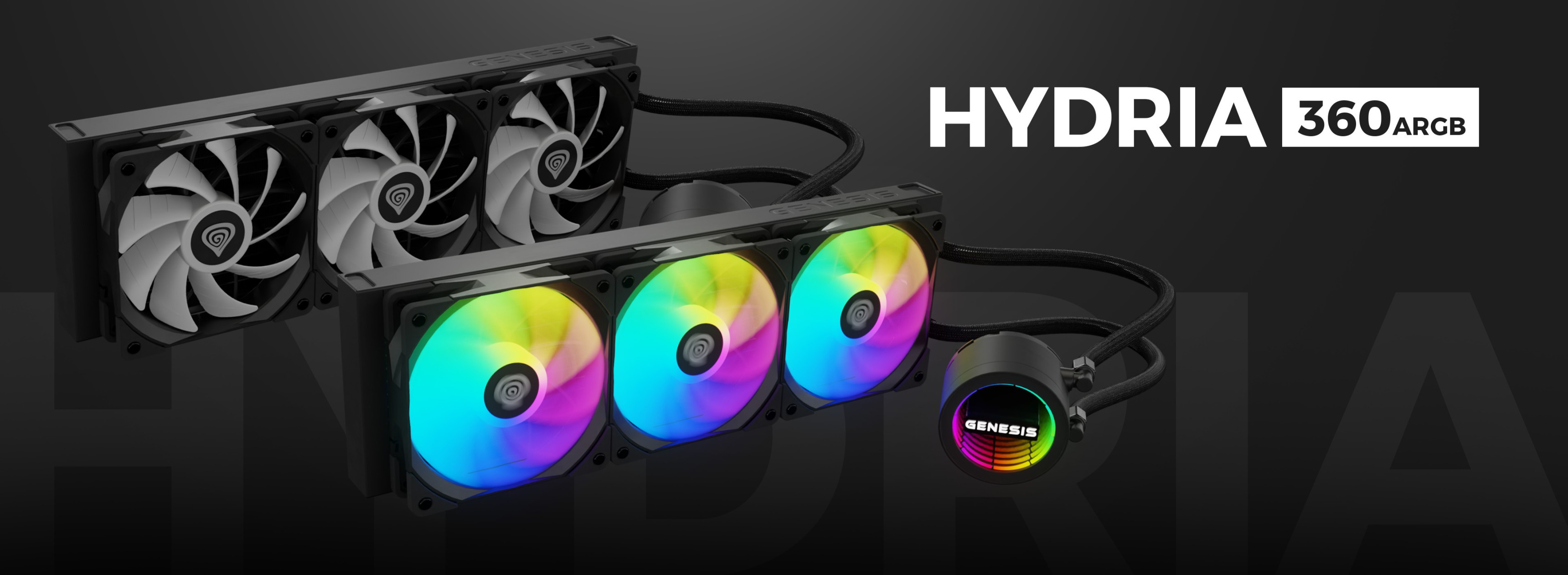 System chłodzenia wodnego Genesis Hydria 360 ARGB w kolorze czarnym, wyposażony w trzy wentylatory RGB i elegancką pompkę.