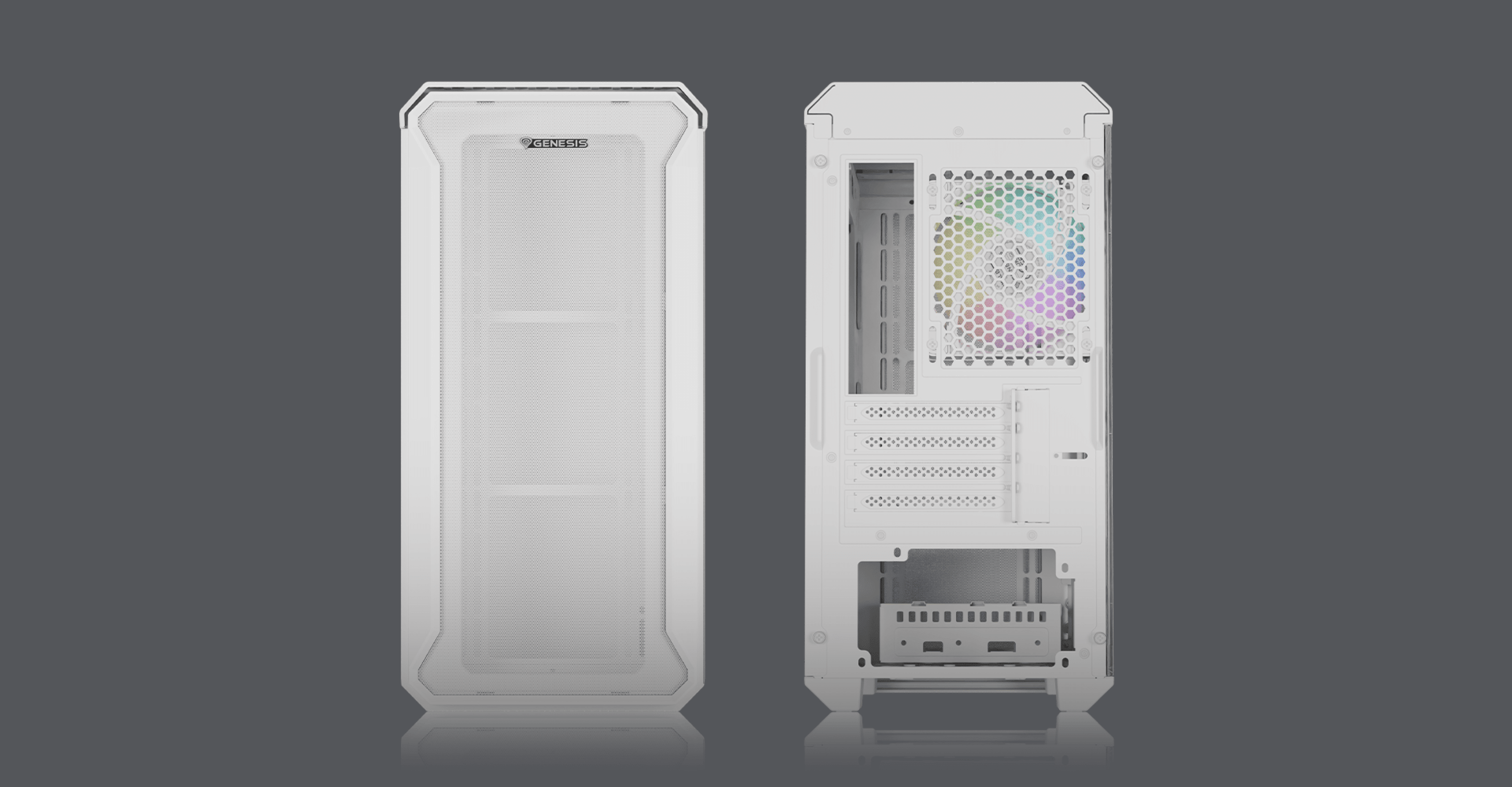 Biała obudowa komputerowa MATX typu mini tower z oknem i wentylatorami ARGB, charakteryzująca się eleganckim i nowoczesnym wzornictwem