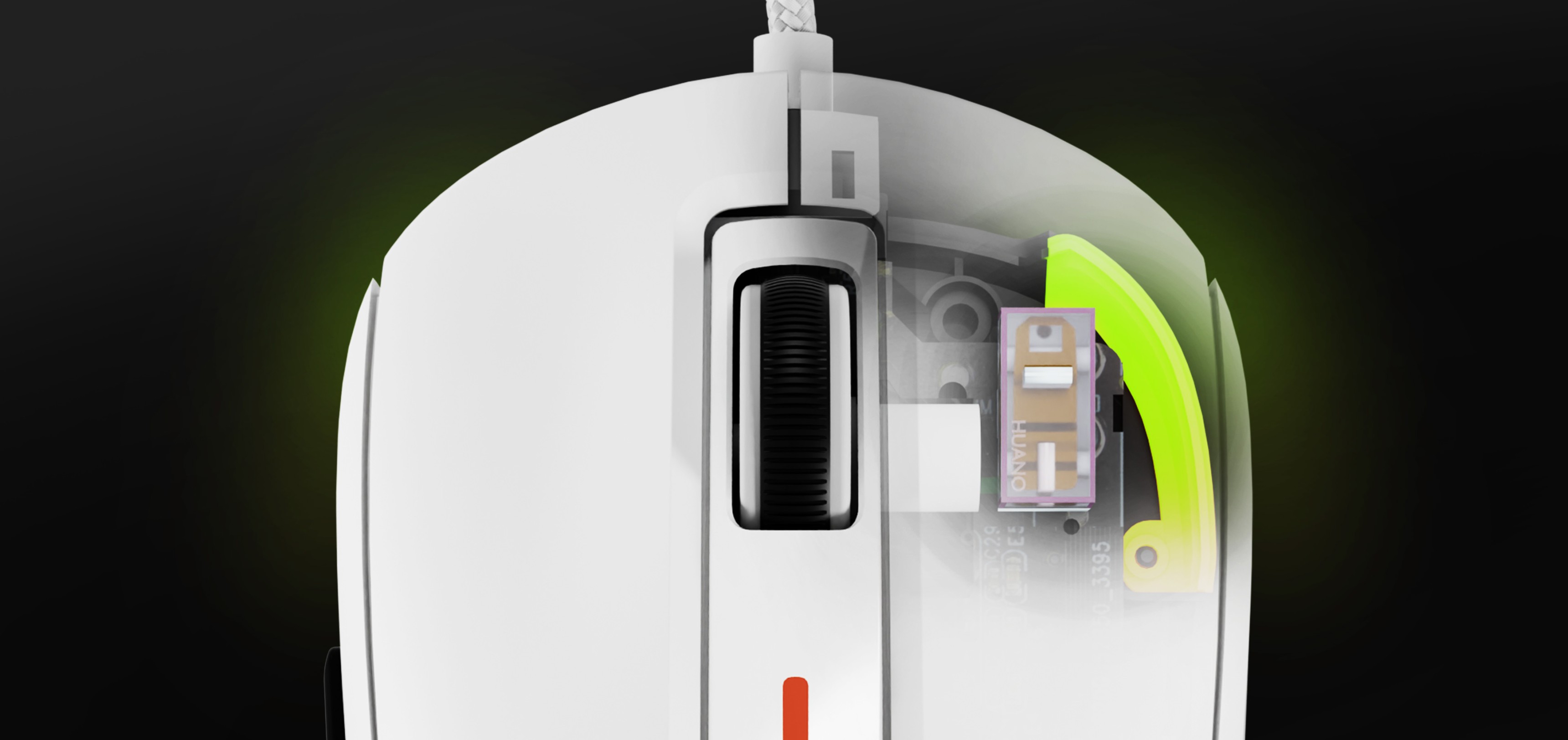Biała mysz gamingowa RGB Genesis Krypton 660, prezentująca wewnętrzne komponenty i rolkę przewijania, z podświetleniem podkreślającym jej design