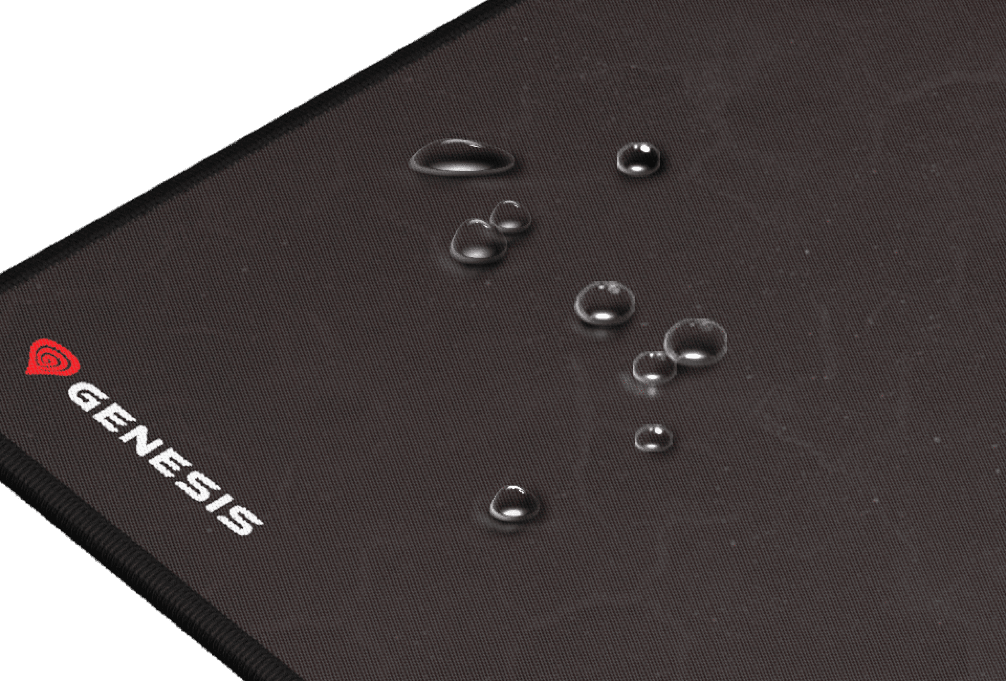 Duża czarna podkładka pod mysz dla graczy z kroplami wody na powierzchni i logo Genesis w rogu.