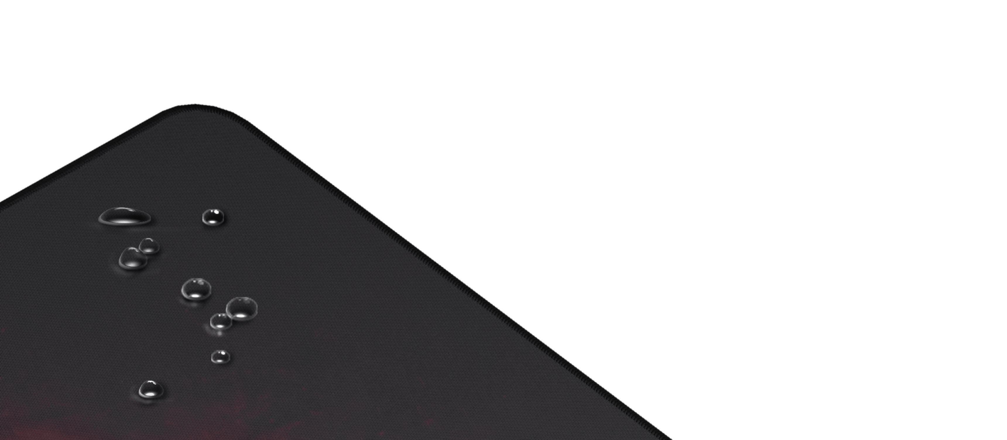 Czarna podkładka pod mysz Genesis Carbon z błyszczącą powierzchnią i kroplami wody na rogu. Wymiary 900x450mm
