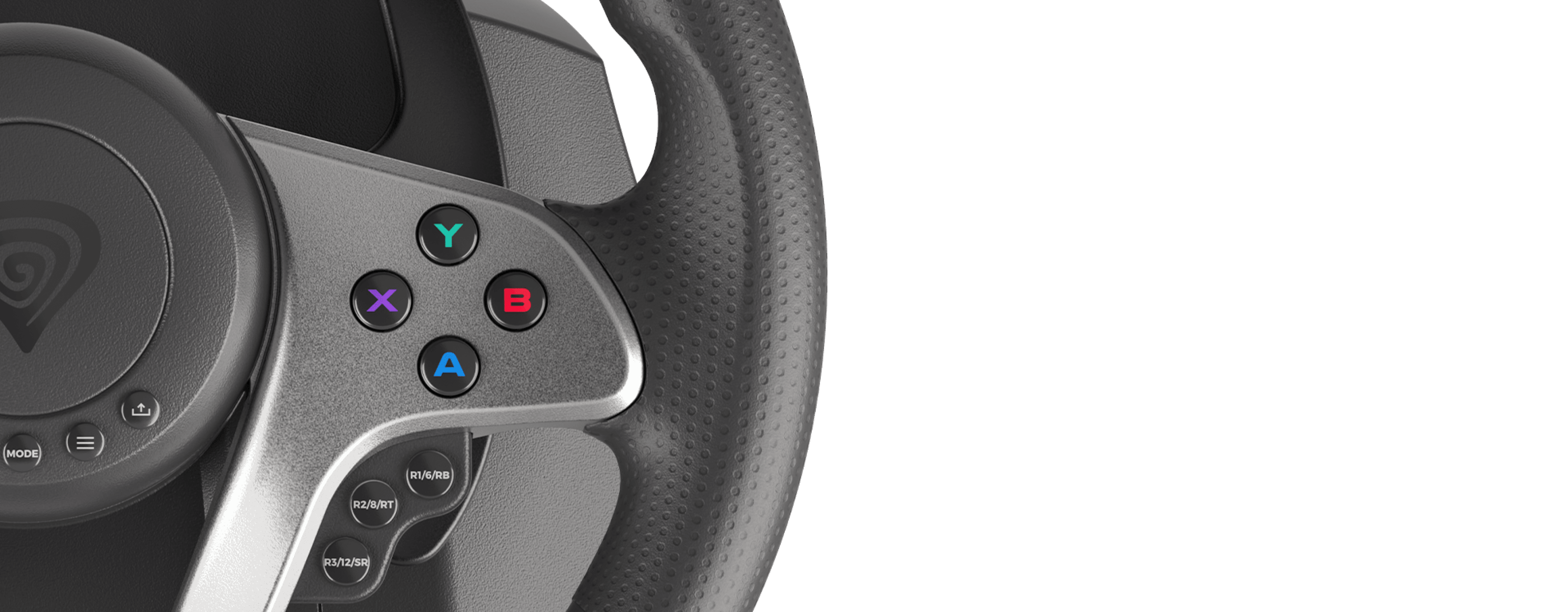 Kierownica wyścigowa zaprojektowana dla komputerów PC i wielu konsol do gier, wyposażona w kolorowe przyciski akcji i teksturowany uchwyt