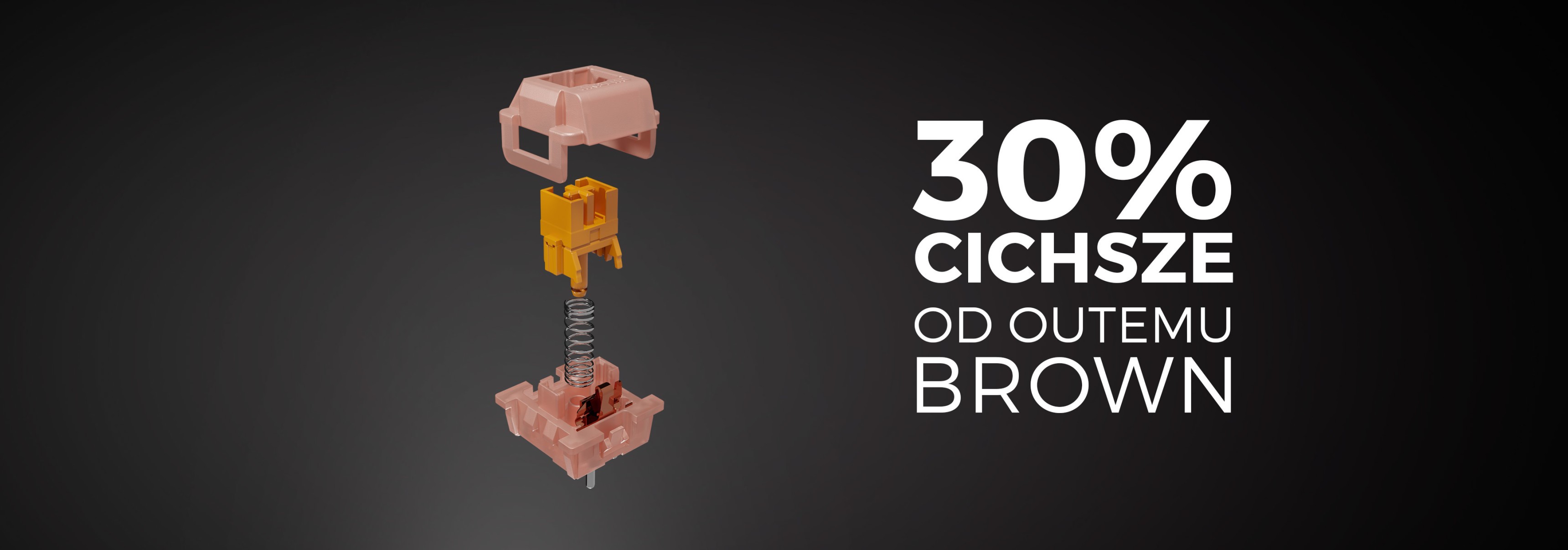 Mechaniczny przełącznik klawiaturowy o konstrukcji Outemu Peach Silent, charakteryzujący się różowawym kolorem i o 30% cichszą pracą niż Outemu Brown.