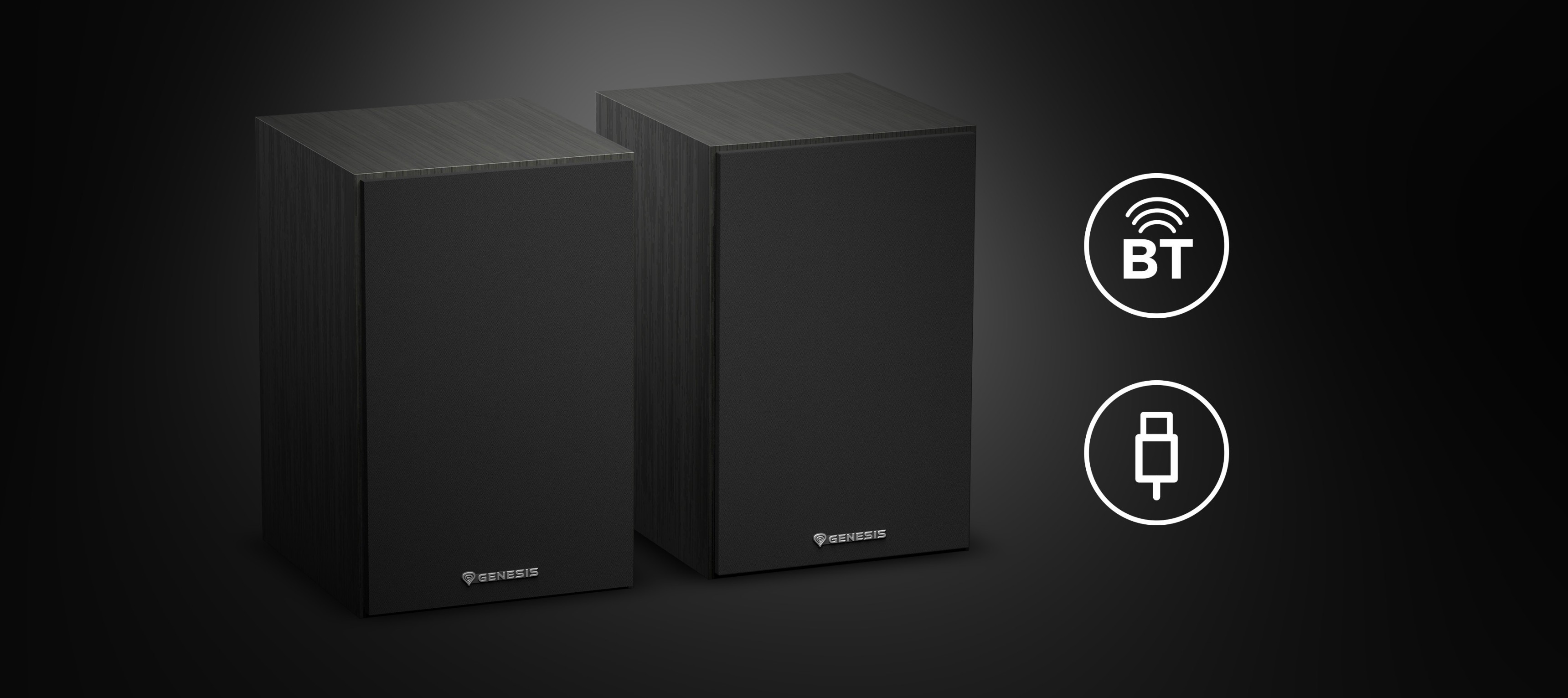 Czarne głośniki Genesis Arsen 302BT 2.0 z ikonami łączności Bluetooth i USB